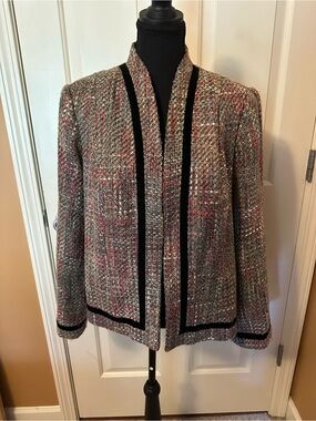 Sag Harbor Multicolor Tweed Open Front Jacket with Black Trim